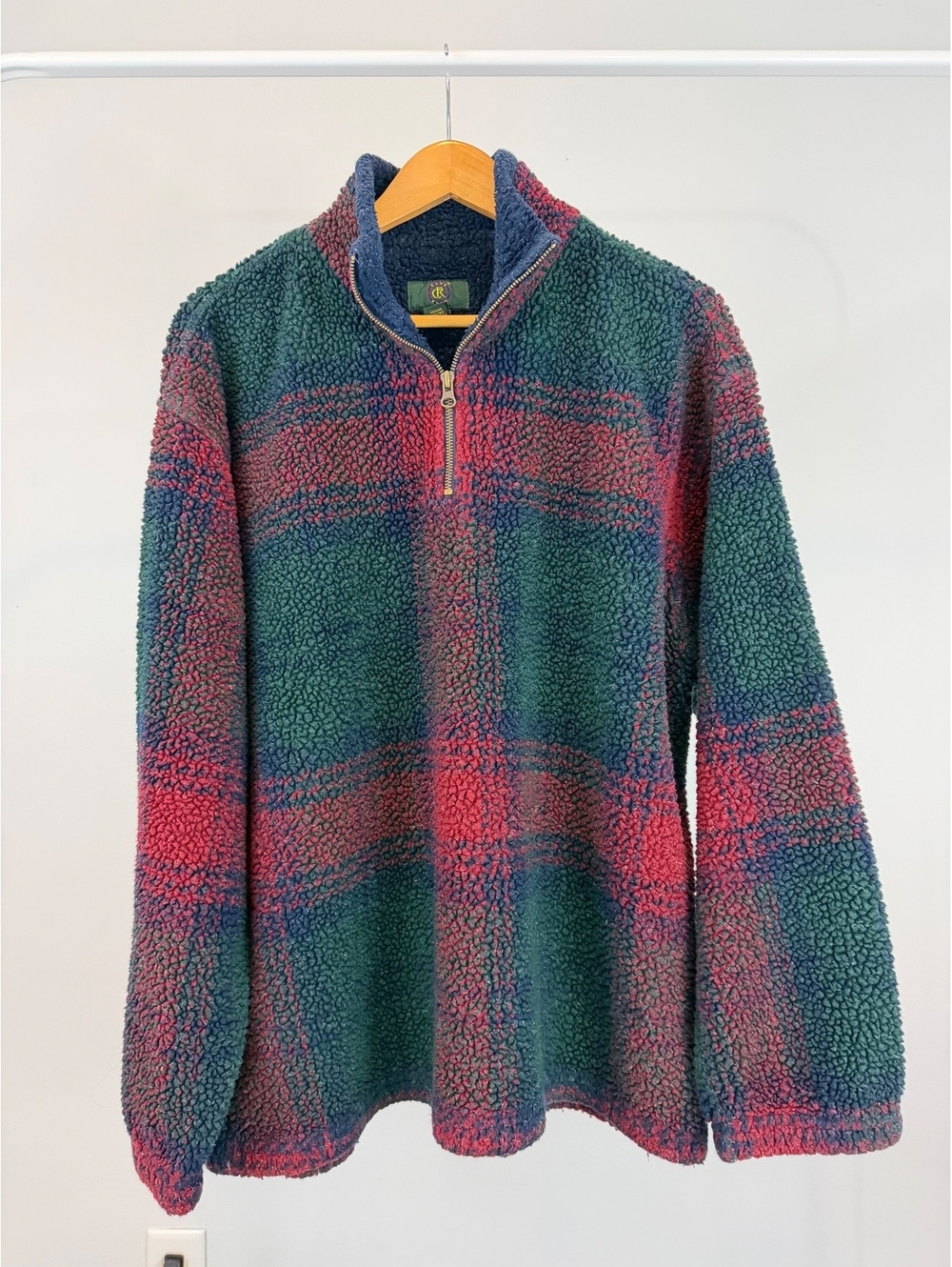 Vintage 90s Club Room Mens L Plaid Sherpa Fleece 1/4 Zip Pullover Green Red